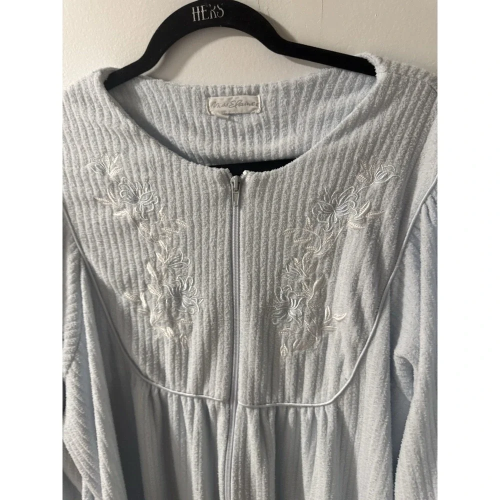 MISS‎ ELAINE Embroidered Blue Long Fleece Puff 3/4 Sleeve Bathrobe Full Zip XL